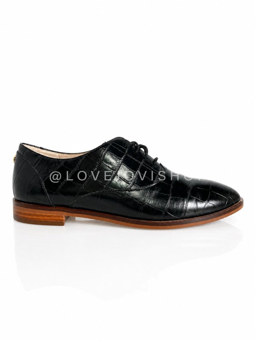 Shoes | Lace-Up Oxford | Black Croc Embossed Leather | Flats | Size 7 | Academia